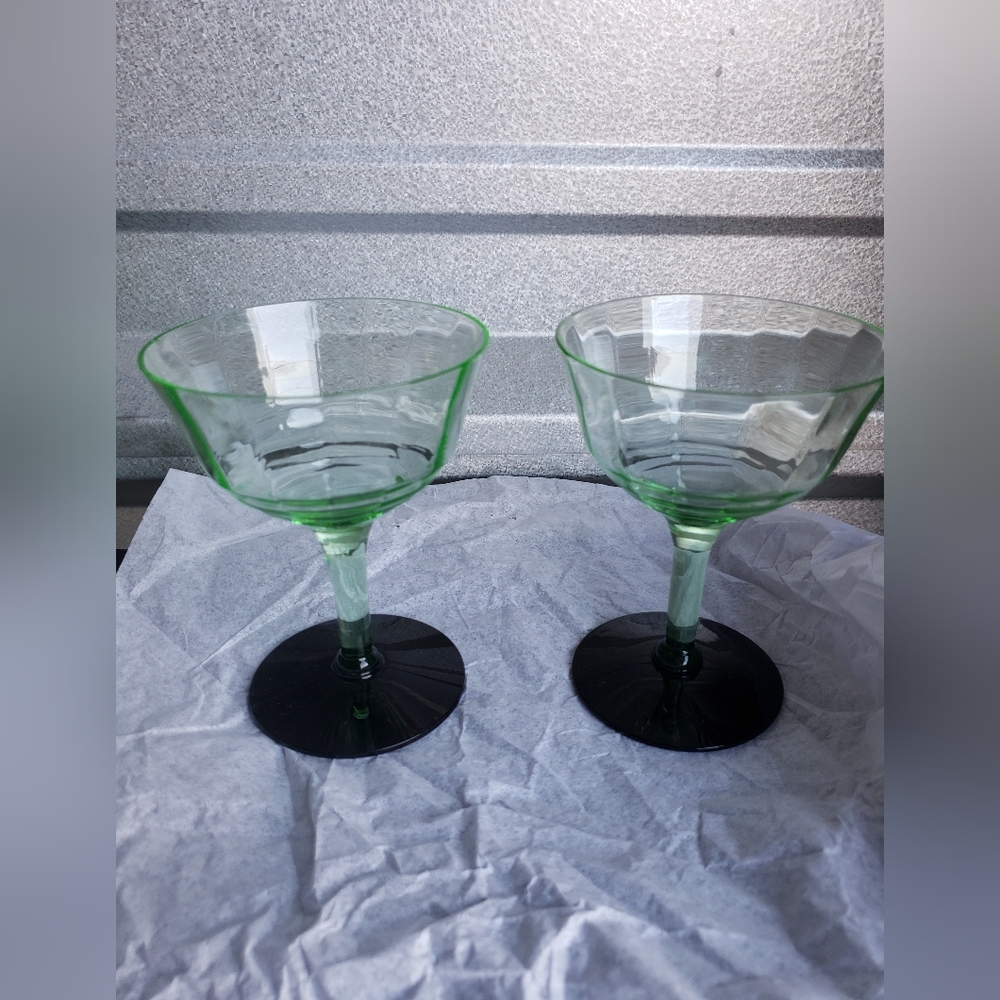 Set of 2 Weston Glass Uranium Glass Green Optic Black Sherbet Dishes